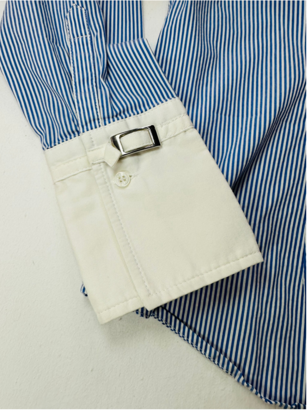 Express Design Studio Blue White Pinstripe Contrast Cuff Button Career Blouse - Picture 10 of 13